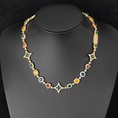Colorful gemstone necklace on a black mannequin

