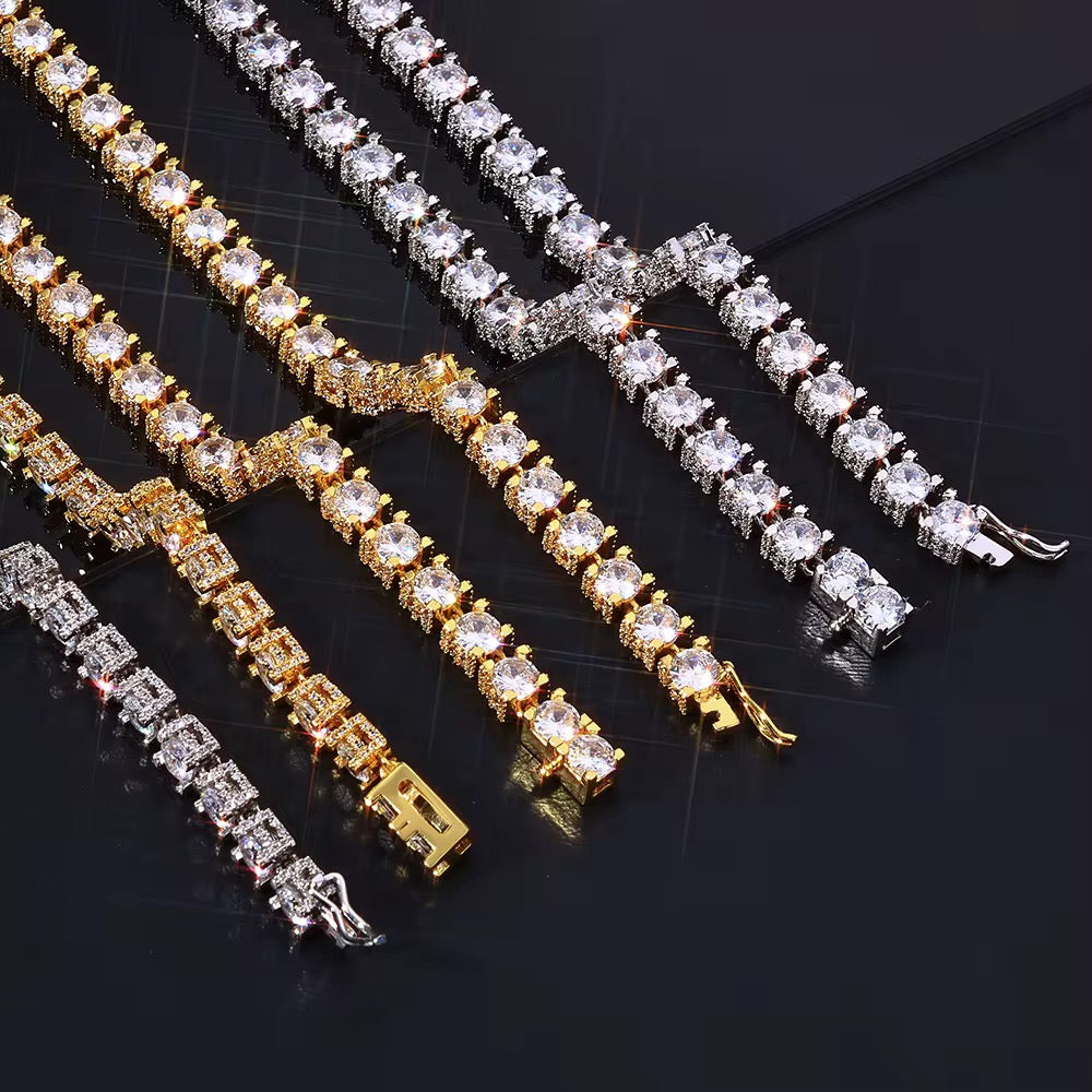 Diamond-encrusted bracelets in gold, silver, and rose gold