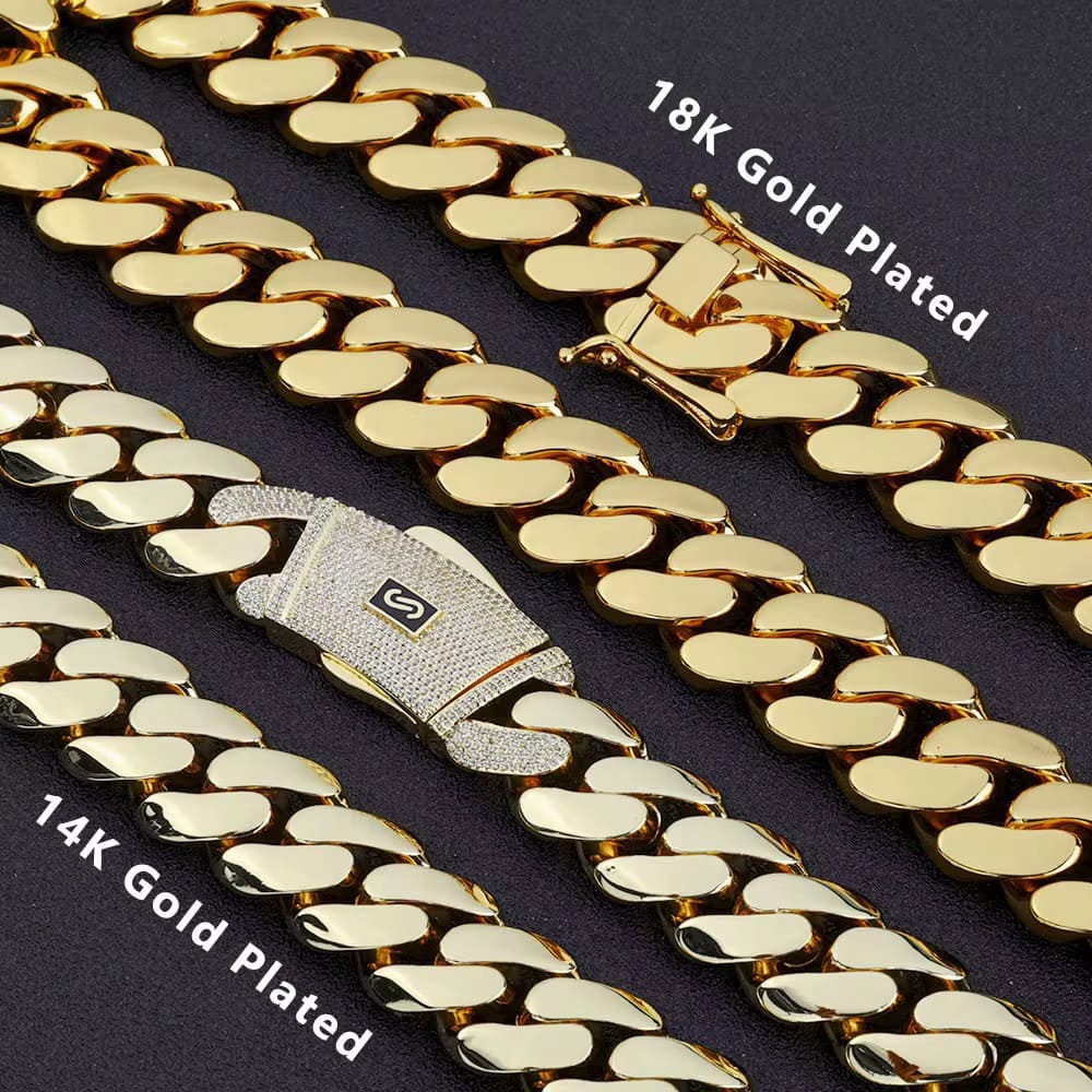 Gold chains with '18K Gold Plated' and '14K Gold Plated' labels on a dark background.