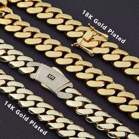 Gold chains with '18K Gold Plated' and '14K Gold Plated' labels on a dark background.