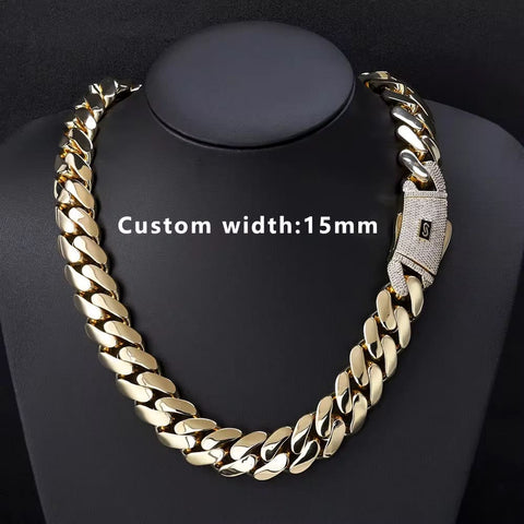 Gold chain necklace with a clasp on a black background, labeled 'Custom width: 15mm'.

