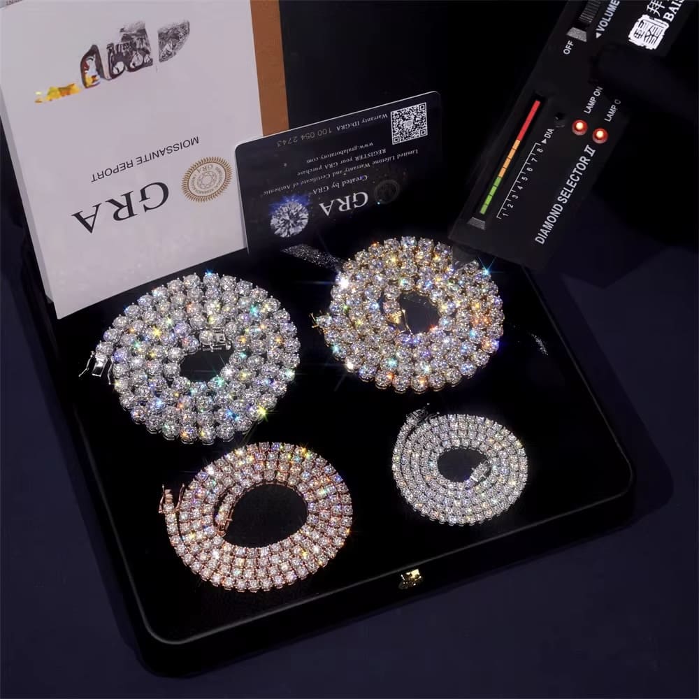Set of diamond-encrusted earrings in a display case with GRA branding.


