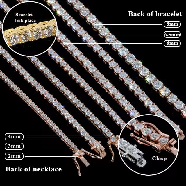 Bracelet and necklace with detailed measurements and components on a black background


