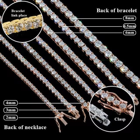 Bracelet and necklace with detailed measurements and components on a black background

